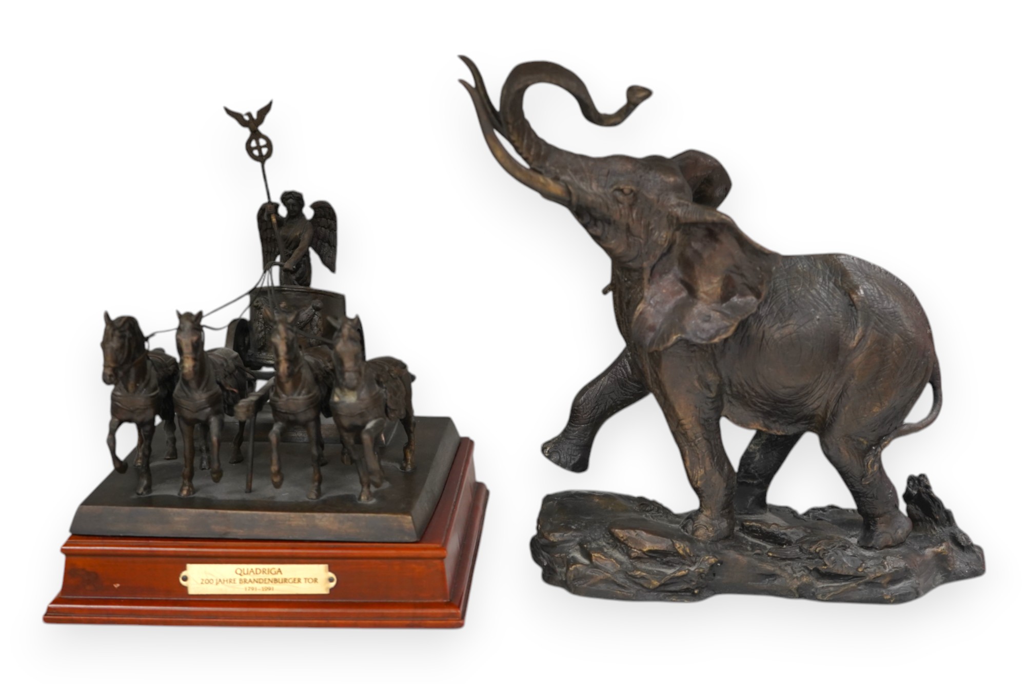 A Franklin Mint bronzed figure of an elephant, 'Giant of the Serengeti', and a Franklin Mint bronzed model 'Quadriga', on wooden plinth, with title plaque, largest 23.5cm. Condition - good